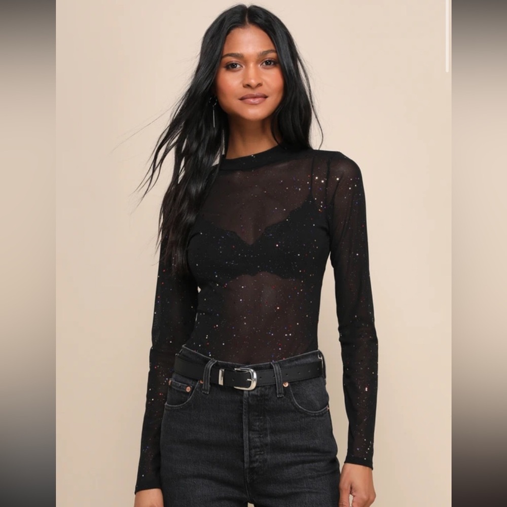 Lulus Strike an Attitude Black Mesh Multi Embellished Mesh Bodysuit